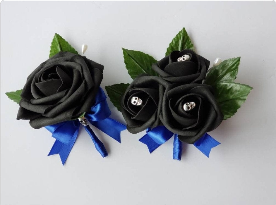 Gothic Royal Blue and Black Skull Boutonnieres And Corsages, Corsages Available in Pin on and Wrist, Halloween Wedding