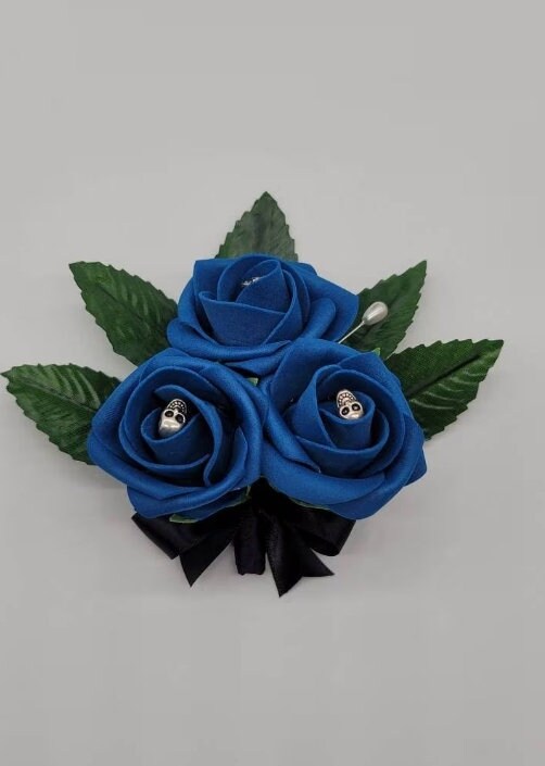 Gothic Royal Blue and Black Skull Boutonnieres And Corsages, Corsages Available in Pin on and Wrist, Halloween Wedding