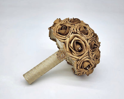 Gold Wedding Bouquet Made With Real Touch Roses, Bridal Bouquet, Bridesmaid Bouquet and Matching Boutonnieres and Corsages Available