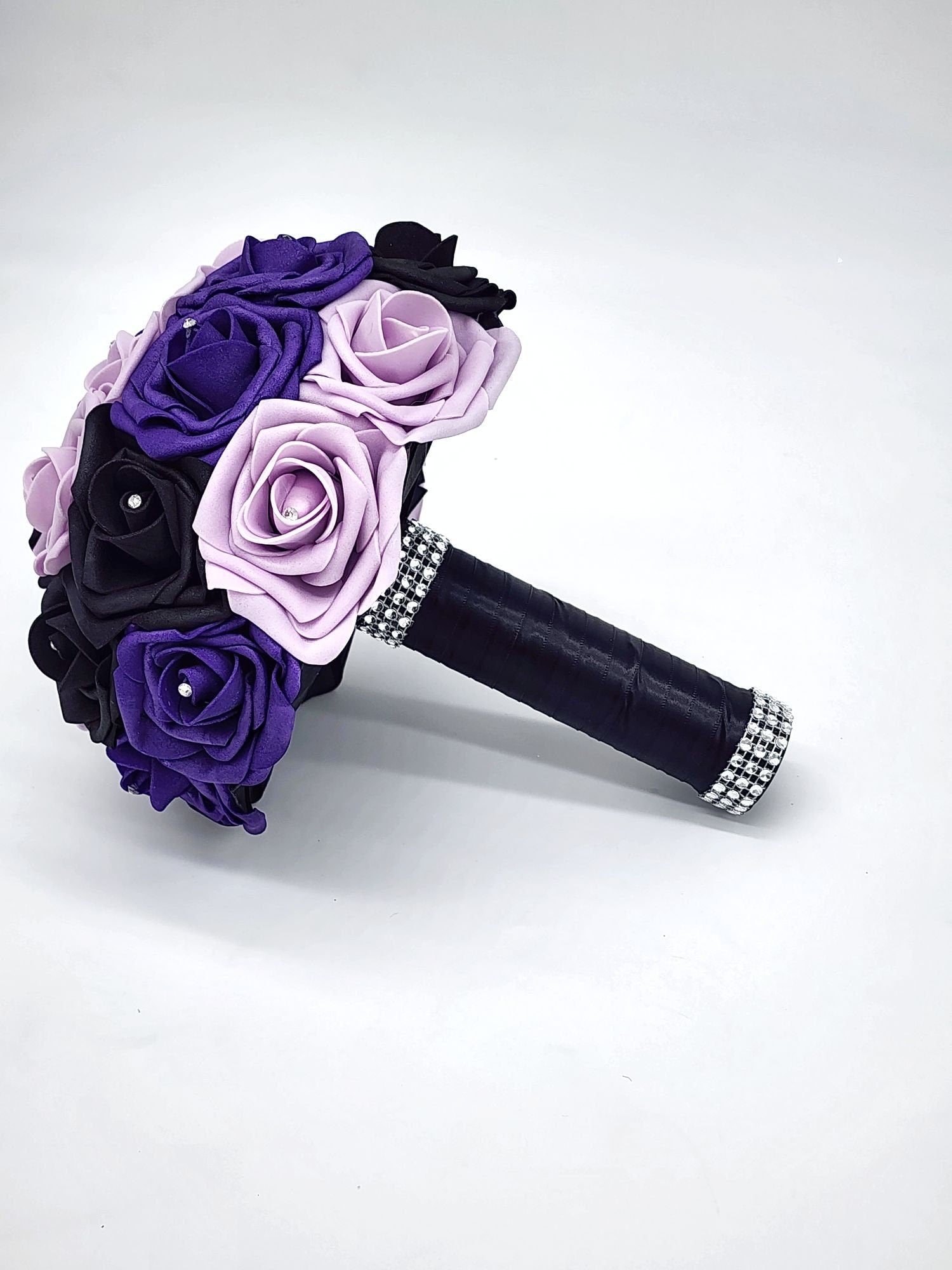 Purple, Lilac and Black Bridal Bouquet | Real Touch Roses | Black Ribbon and Bling Handle