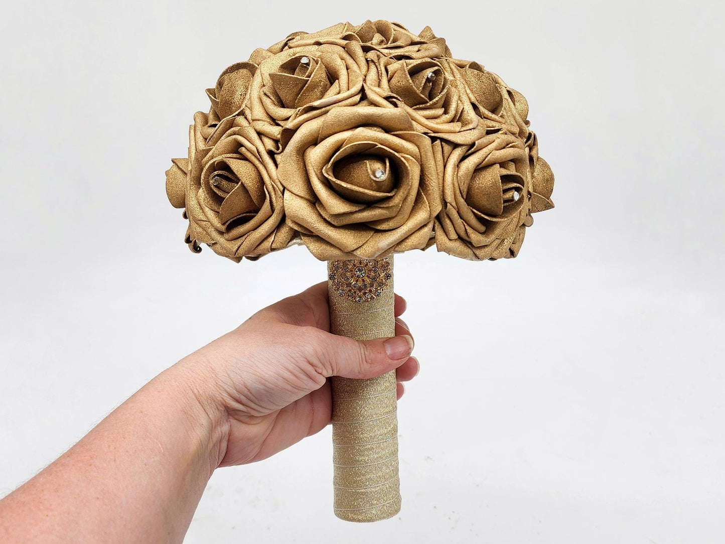 Gold Wedding Bouquet Made With Real Touch Roses, Bridal Bouquet, Bridesmaid Bouquet and Matching Boutonnieres and Corsages Available