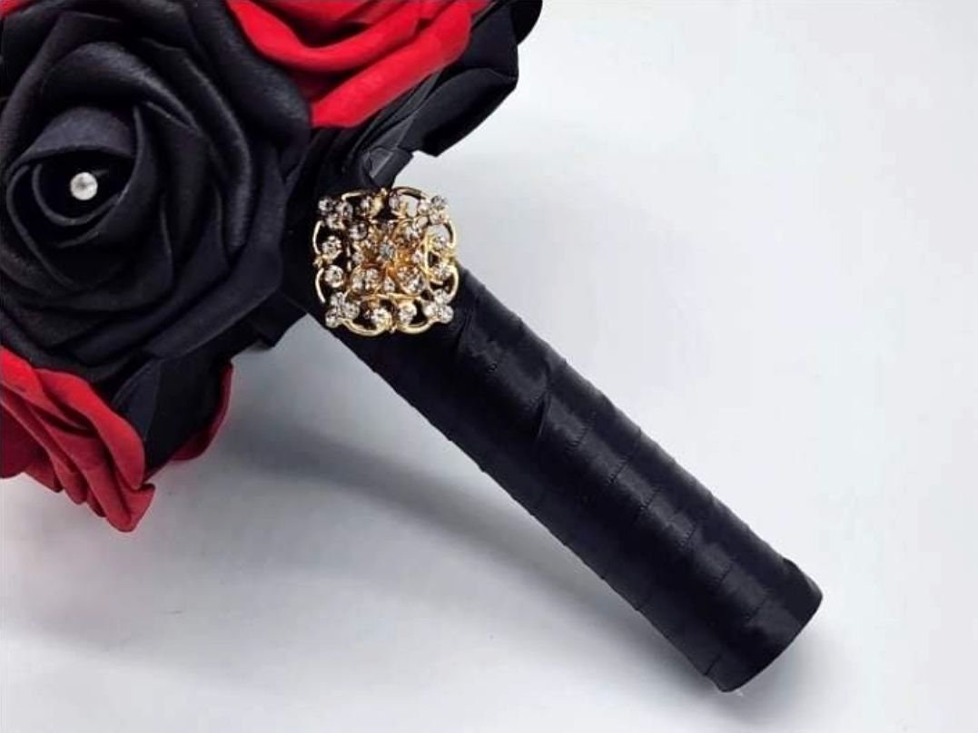 Red And Black Wedding Bouquet Made With Real Touch Roses, Bridal Bouquet, Bridesmaid Bouquet and Matching Boutonniere and Corsages Available