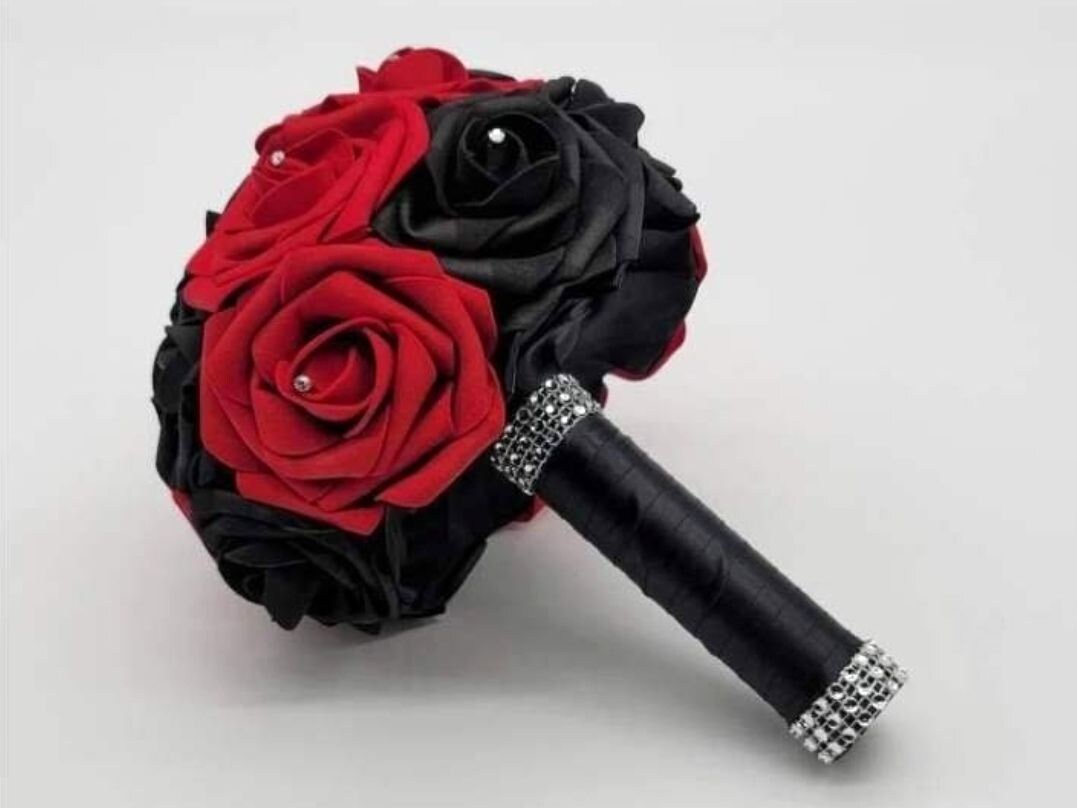 Red And Black Wedding Bouquet Made With Real Touch Roses, Bridal Bouquet, Bridesmaid Bouquet and Matching Boutonniere and Corsages Available