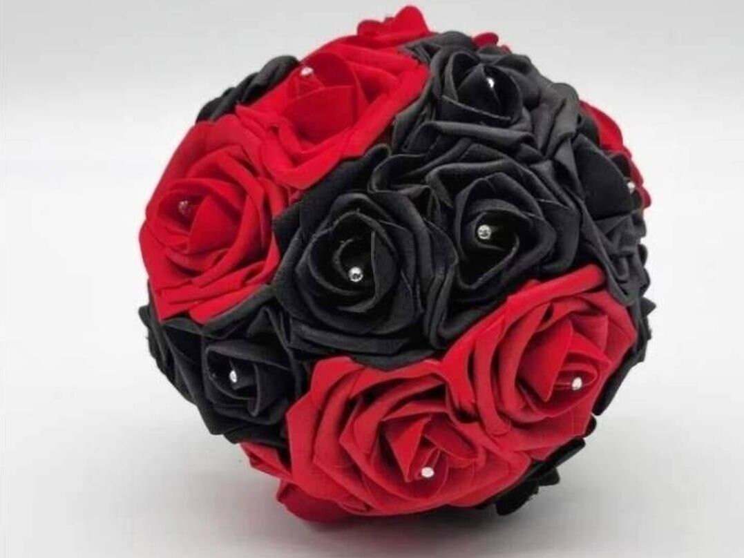 Red And Black Wedding Bouquet Made With Real Touch Roses, Bridal Bouquet, Bridesmaid Bouquet and Matching Boutonniere and Corsages Available