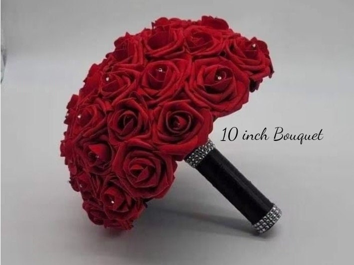 Red And Black Wedding Bouquet Made With Real Touch Roses, Bridal Bouquet, Bridesmaid Bouquet and Matching Boutonniere and Corsages Available