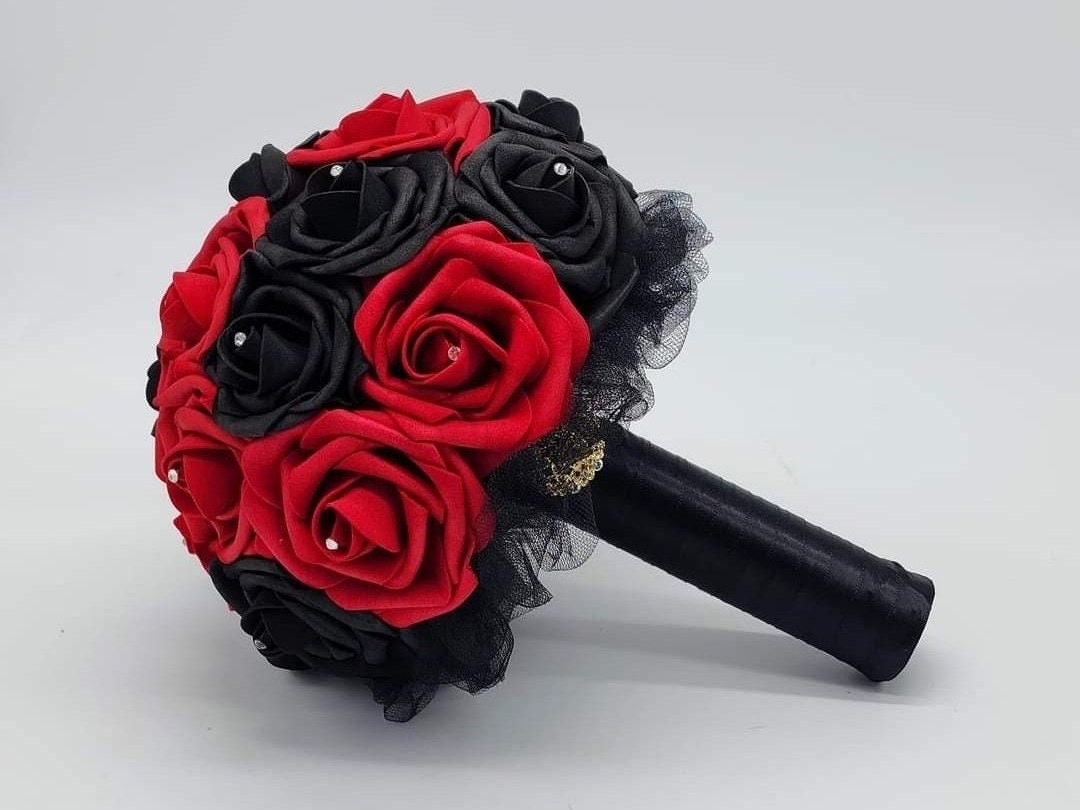 Red And Black Wedding Bouquet, Available in Bridal, Bridesmaid, and Toss Bouquets-Matching Boutonnieres-Corsages