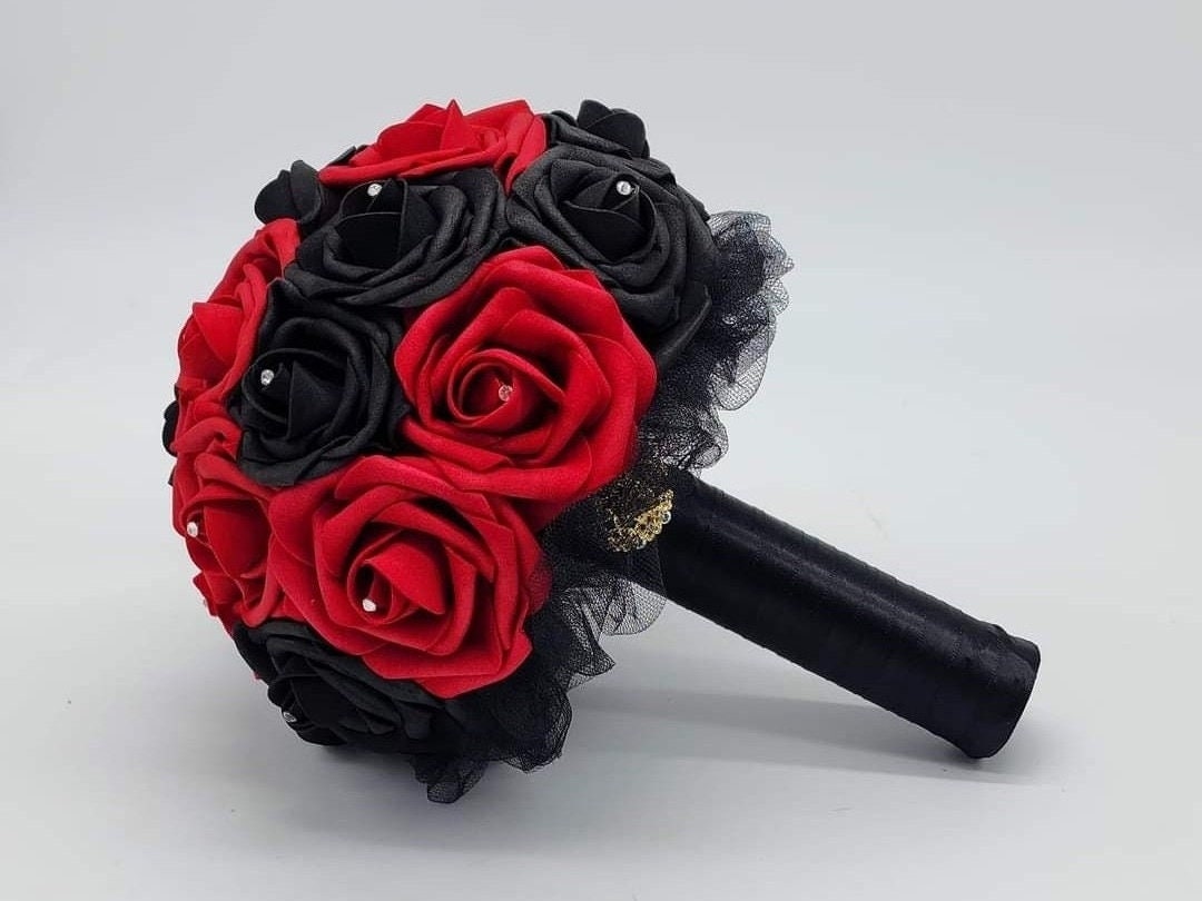 Red And Black Wedding Bouquet Made With Real Touch Roses, Bridal Bouquet, Bridesmaid Bouquet and Matching Boutonniere and Corsages Available