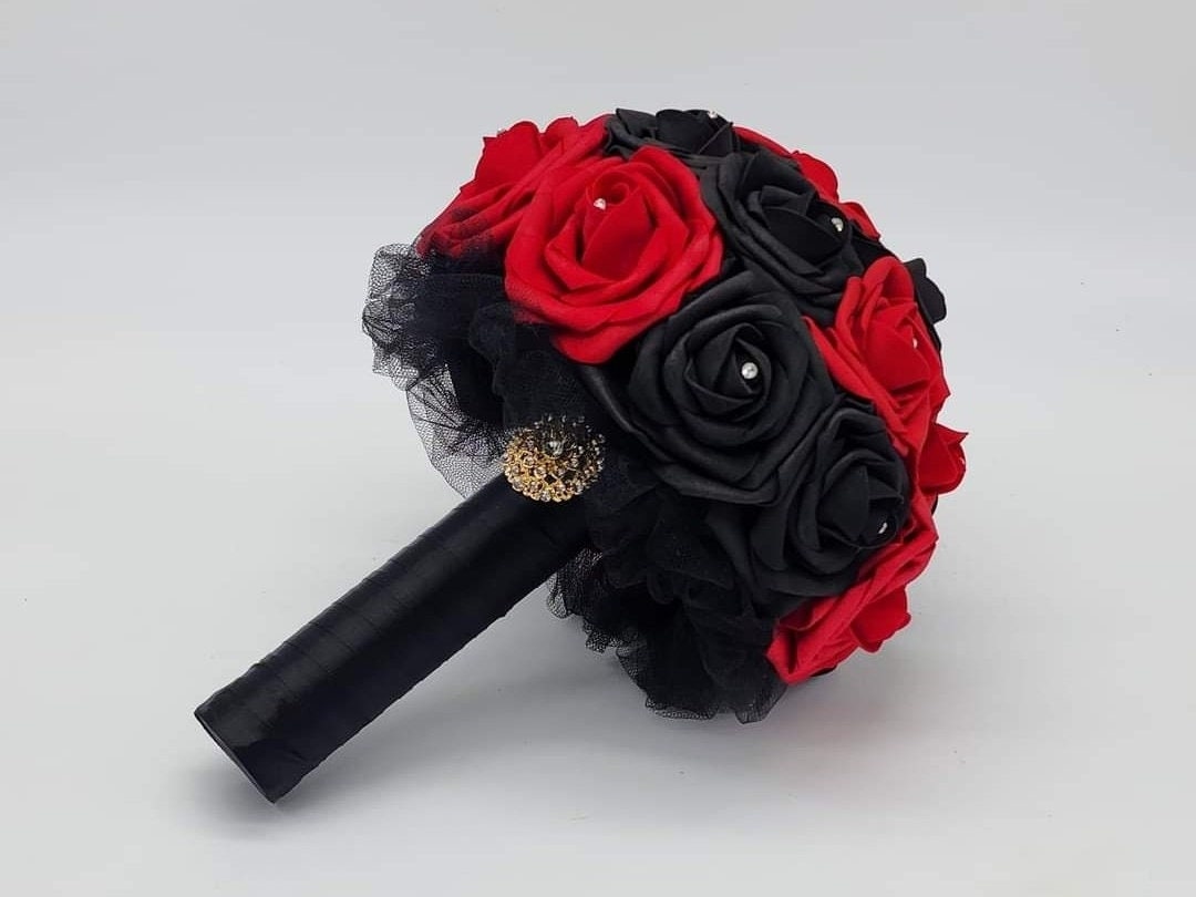 Red And Black Wedding Bouquet Made With Real Touch Roses, Bridal Bouquet, Bridesmaid Bouquet and Matching Boutonniere and Corsages Available