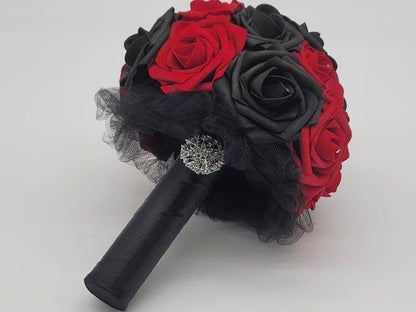 Red And Black Wedding Bouquet Made With Real Touch Roses, Bridal Bouquet, Bridesmaid Bouquet and Matching Boutonniere and Corsages Available