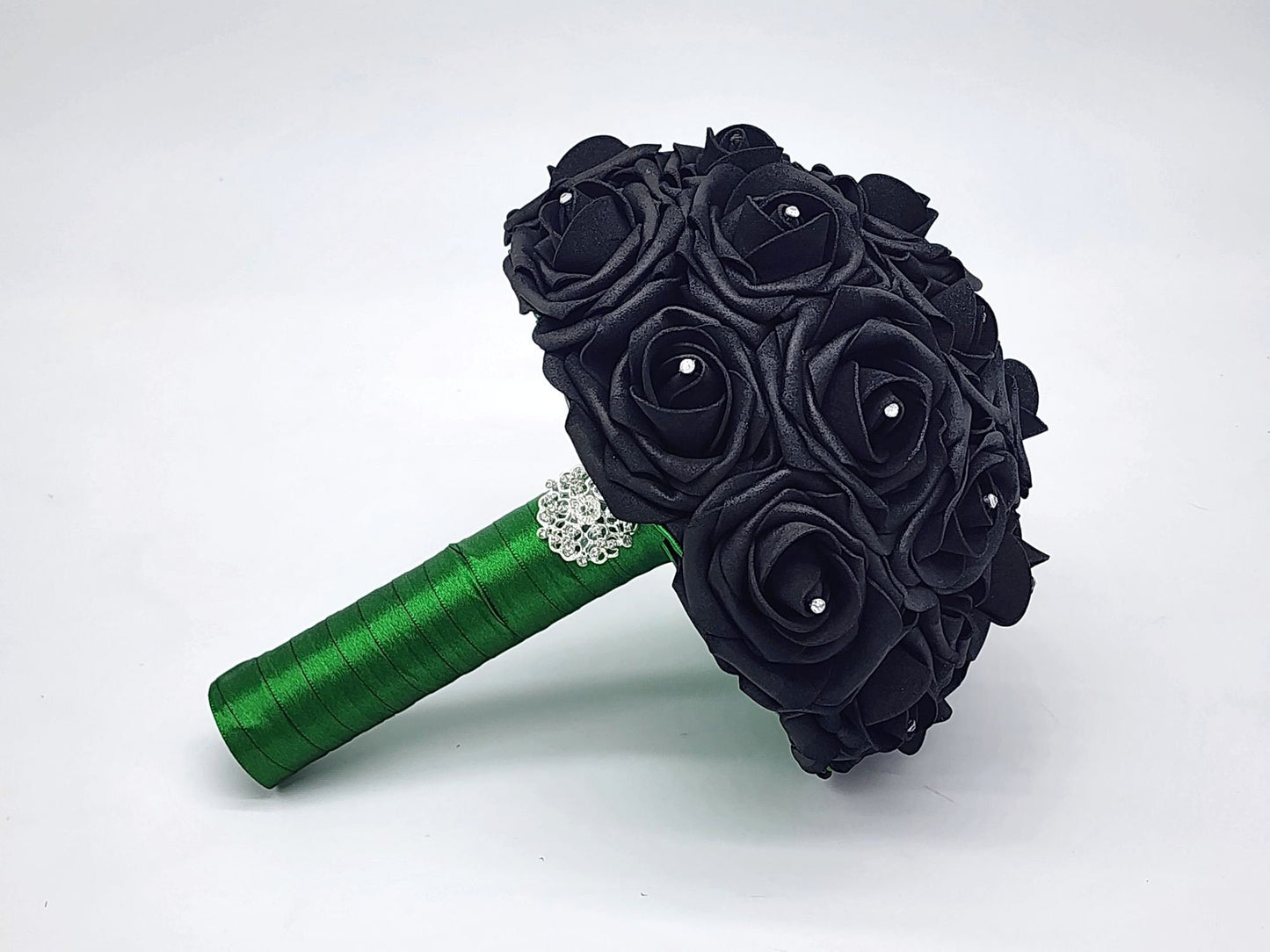 Black and Emerald Green Wedding Bouquet Made w/Real Touch Roses, Bridal Bouquet, Bridesmaid Bouquet and Matching Boutonnieres and Corsages