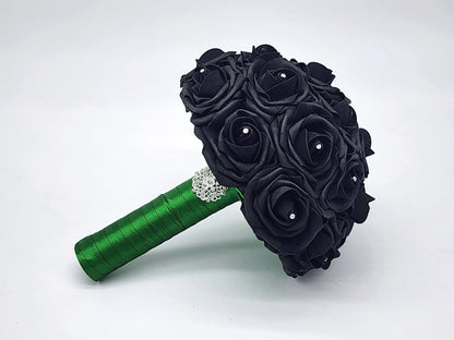 Black and Emerald Green Wedding Bouquet Made w/Real Touch Roses, Bridal Bouquet, Bridesmaid Bouquet and Matching Boutonnieres and Corsages