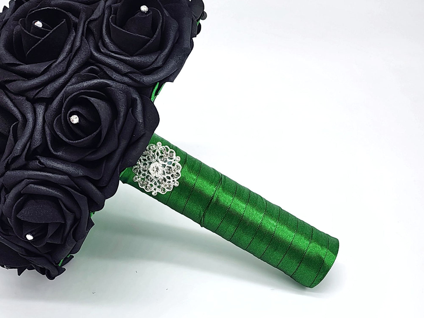 Black and Emerald Green Wedding Bouquet Made w/Real Touch Roses, Bridal Bouquet, Bridesmaid Bouquet and Matching Boutonnieres and Corsages