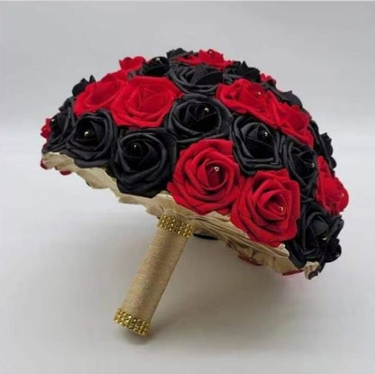 Red And Black Wedding Bouquet Made With Real Touch Roses, Bridal Bouquet, Bridesmaid Bouquet and Matching Boutonniere and Corsages Available