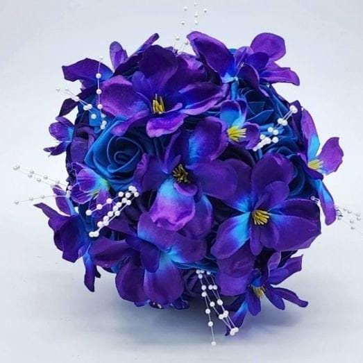 Royal blue and Purple Wedding Bouquet Made With Real Touch Roses, Bridal Bouquet, Bridesmaid Bouquet/Galaxy Orchids/Boutonnieres & Corsages