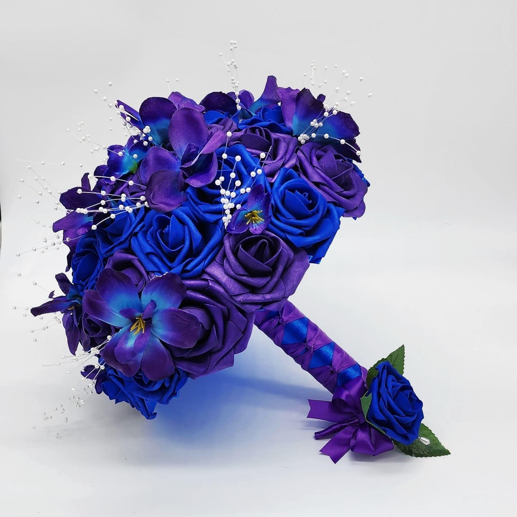 Royal blue and Purple Wedding Bouquet Made With Real Touch Roses, Bridal Bouquet, Bridesmaid Bouquet/Galaxy Orchids/Boutonnieres & Corsages