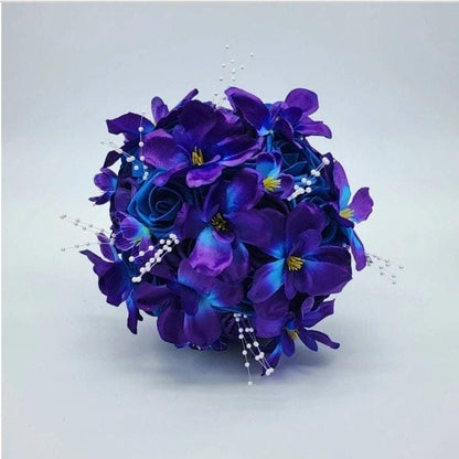 Royal blue and Purple Wedding Bouquet, Bridal Bouquet, Bridesmaid Bouquet With Galaxy Orchids and Matching Boutonnieres & Corsages