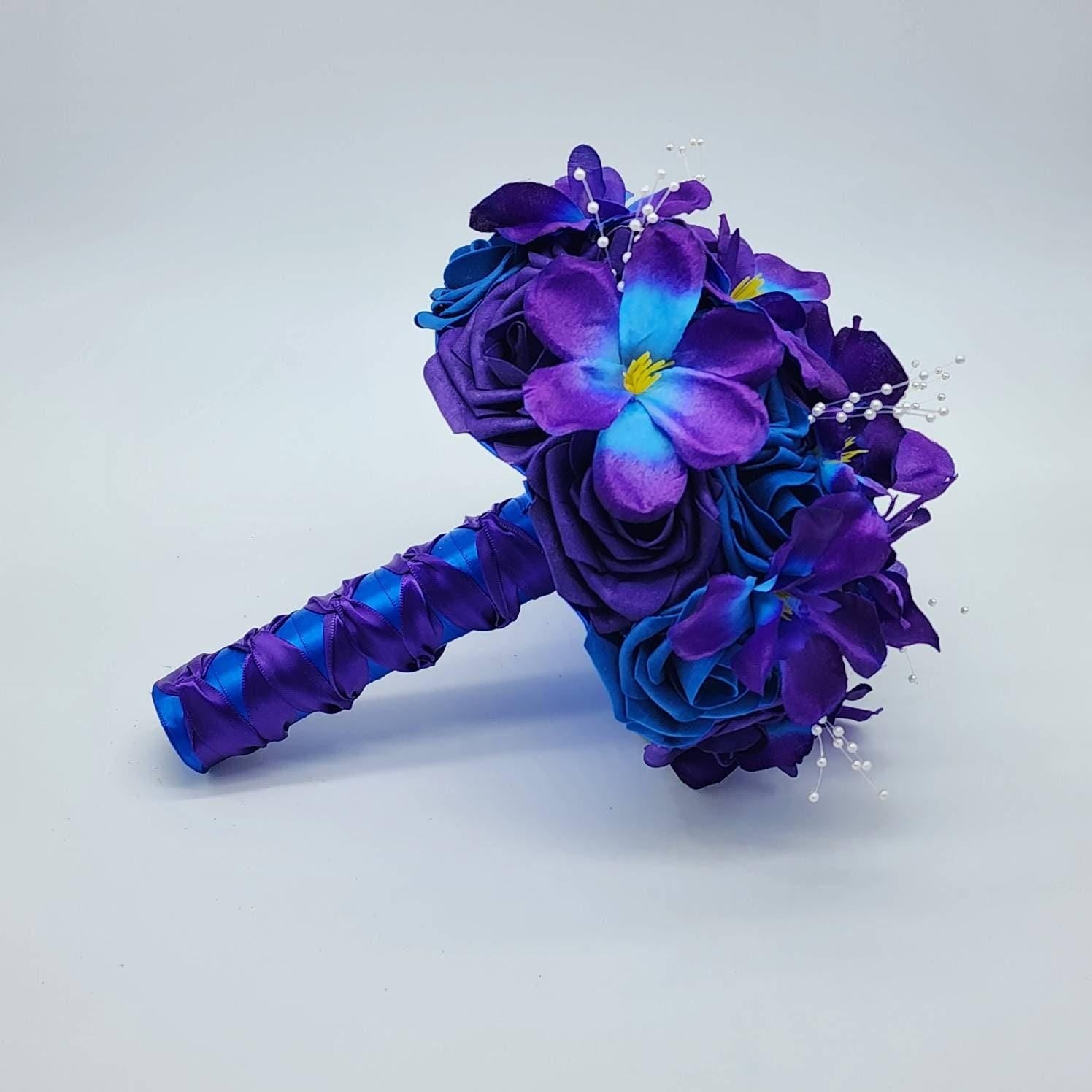 Royal blue and Purple Wedding Bouquet, Bridal Bouquet, Bridesmaid Bouquet With Galaxy Orchids and Matching Boutonnieres & Corsages