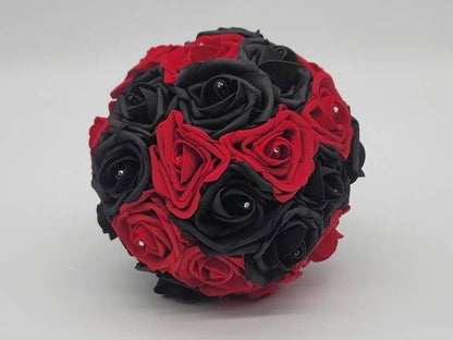 Red And Black Wedding Bouquet Made With Real Touch Roses, Bridal Bouquet, Bridesmaid Bouquet and Matching Boutonniere and Corsages Available