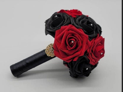 Red And Black Wedding Bouquet Made With Real Touch Roses, Bridal Bouquet, Bridesmaid Bouquet and Matching Boutonniere and Corsages Available