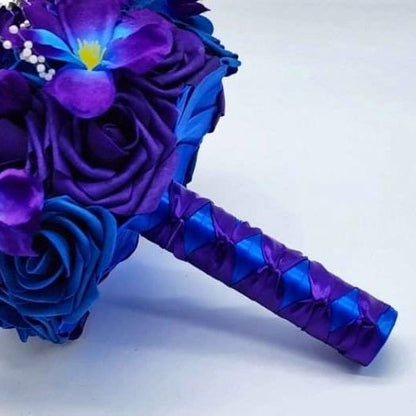 Royal blue and Purple Wedding Bouquet Made With Real Touch Roses, Bridal Bouquet, Bridesmaid Bouquet/Galaxy Orchids/Boutonnieres & Corsages