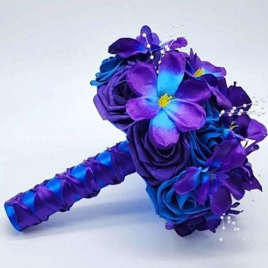 Royal blue and Purple Wedding Bouquet Made With Real Touch Roses, Bridal Bouquet, Bridesmaid Bouquet/Galaxy Orchids/Boutonnieres & Corsages