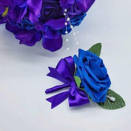 Royal blue and Purple Wedding Bouquet Made With Real Touch Roses, Bridal Bouquet, Bridesmaid Bouquet/Galaxy Orchids/Boutonnieres & Corsages