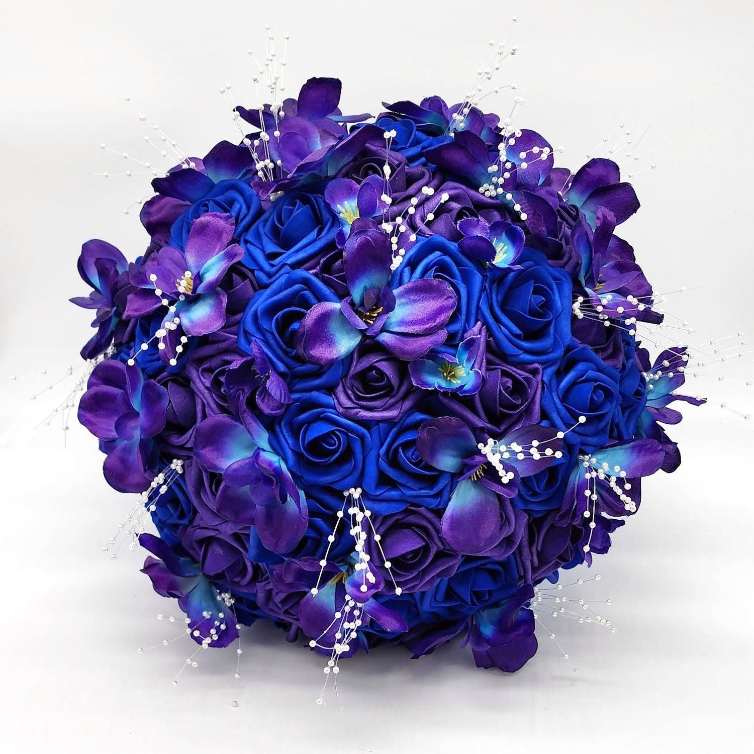 Royal blue and Purple Wedding Bouquet Made With Real Touch Roses, Bridal Bouquet, Bridesmaid Bouquet/Galaxy Orchids/Boutonnieres & Corsages