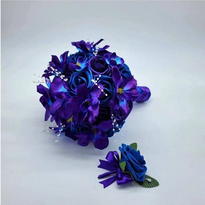 Royal blue and Purple Wedding Bouquet, Bridal Bouquet, Bridesmaid Bouquet With Galaxy Orchids and Matching Boutonnieres & Corsages