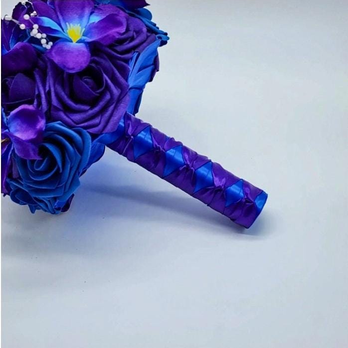 Royal blue and Purple Wedding Bouquet, Bridal Bouquet, Bridesmaid Bouquet With Galaxy Orchids and Matching Boutonnieres & Corsages