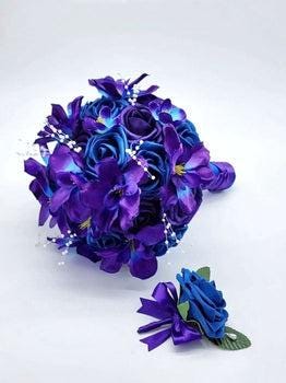 Royal blue and Purple Wedding Bouquet Made With Real Touch Roses, Bridal Bouquet, Bridesmaid Bouquet/Galaxy Orchids/Boutonnieres & Corsages