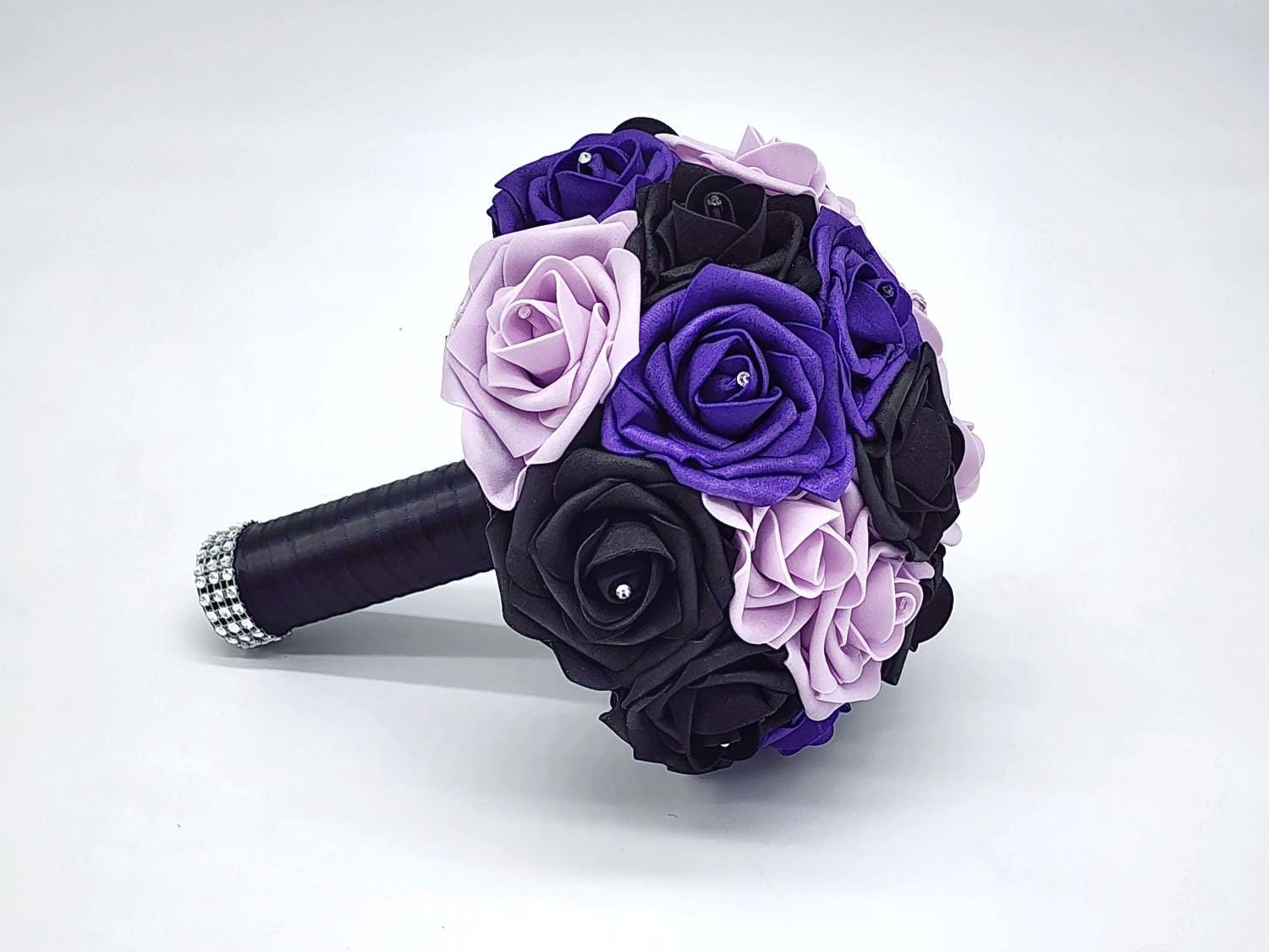 Purple, Lilac and Black Bridal Bouquet | Real Touch Roses | Black Ribbon and Bling Handle