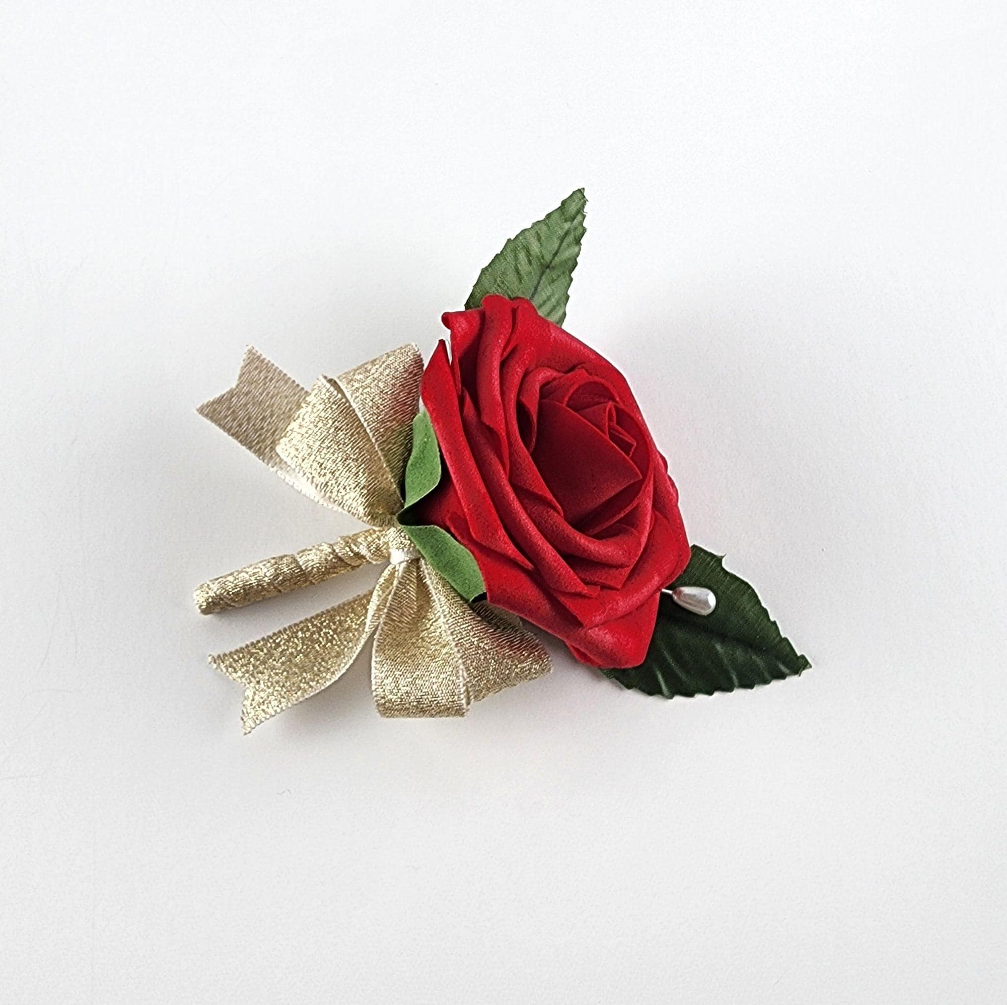 men's red rose boutonniere with gold ribbon. pearl pin