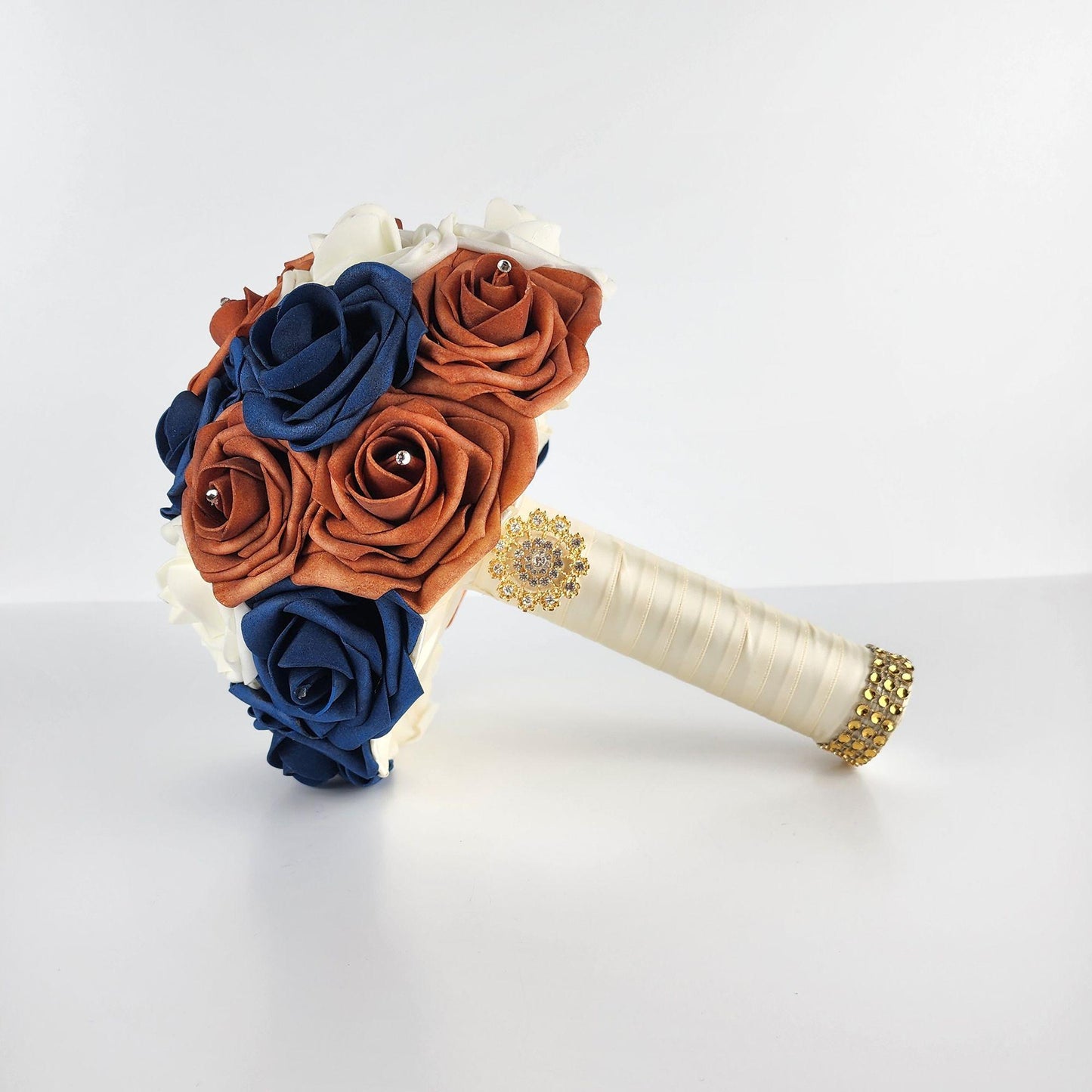 Ivory, Navy, & Burnt Orange Wedding Bouquet Made w/ Real Touch Roses, Bridal Bouquet, Bridesmaid Bouquet/ Matching Boutonniere and Corsages