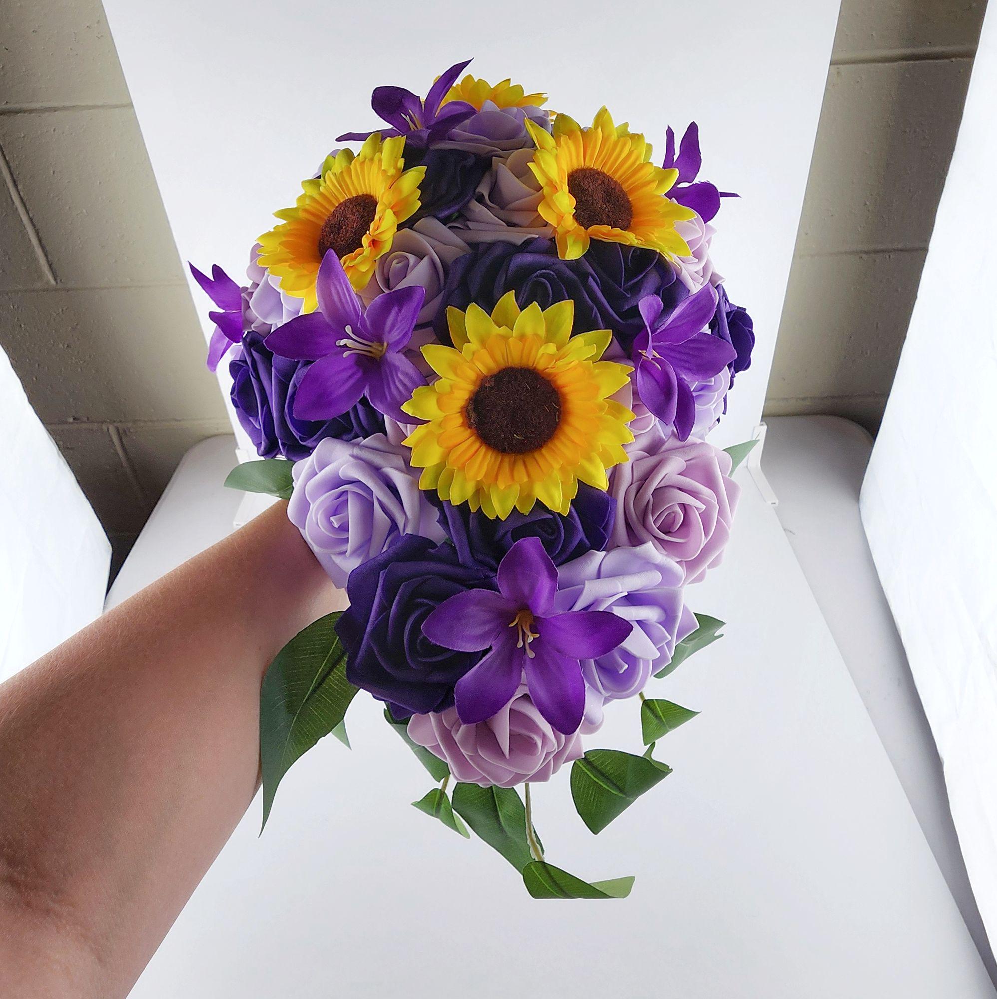 Cascading Wedding Bouquet | Lilies, Sunflowers & Real Touch Roses in Purple Shades | Lilac, Lavender, Dark Purple
