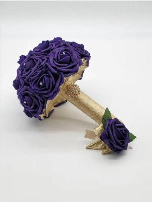 Purple Bridal Bouquet | Real Touch Roses with Rhinestones | Gold Ribbon