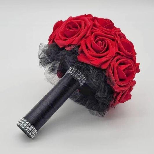 Alternative Red and Black Wedding Bouquet- Red Bridal Bouquet, Red Bridesmaid-Toss Bouquet- Matching Boutonniere and Corsage-Winter Wedding