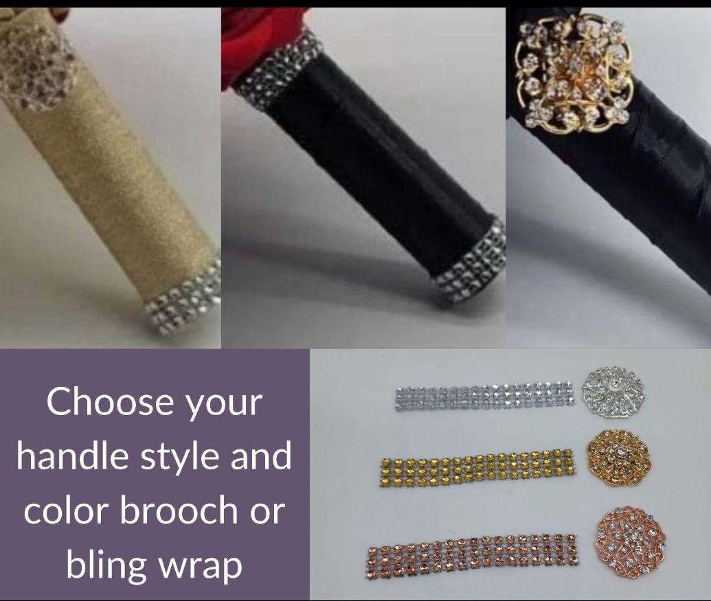 Three different styles of bridal bouquet handles. The first handle is wrapped in a beige fabric with rhinestones. The second handle is black satin with rhinestones. The third handle is black satin with a gold rhinestone brooch. Below the handles are three rows of rhinestone trim in silver, gold, and rose gold.