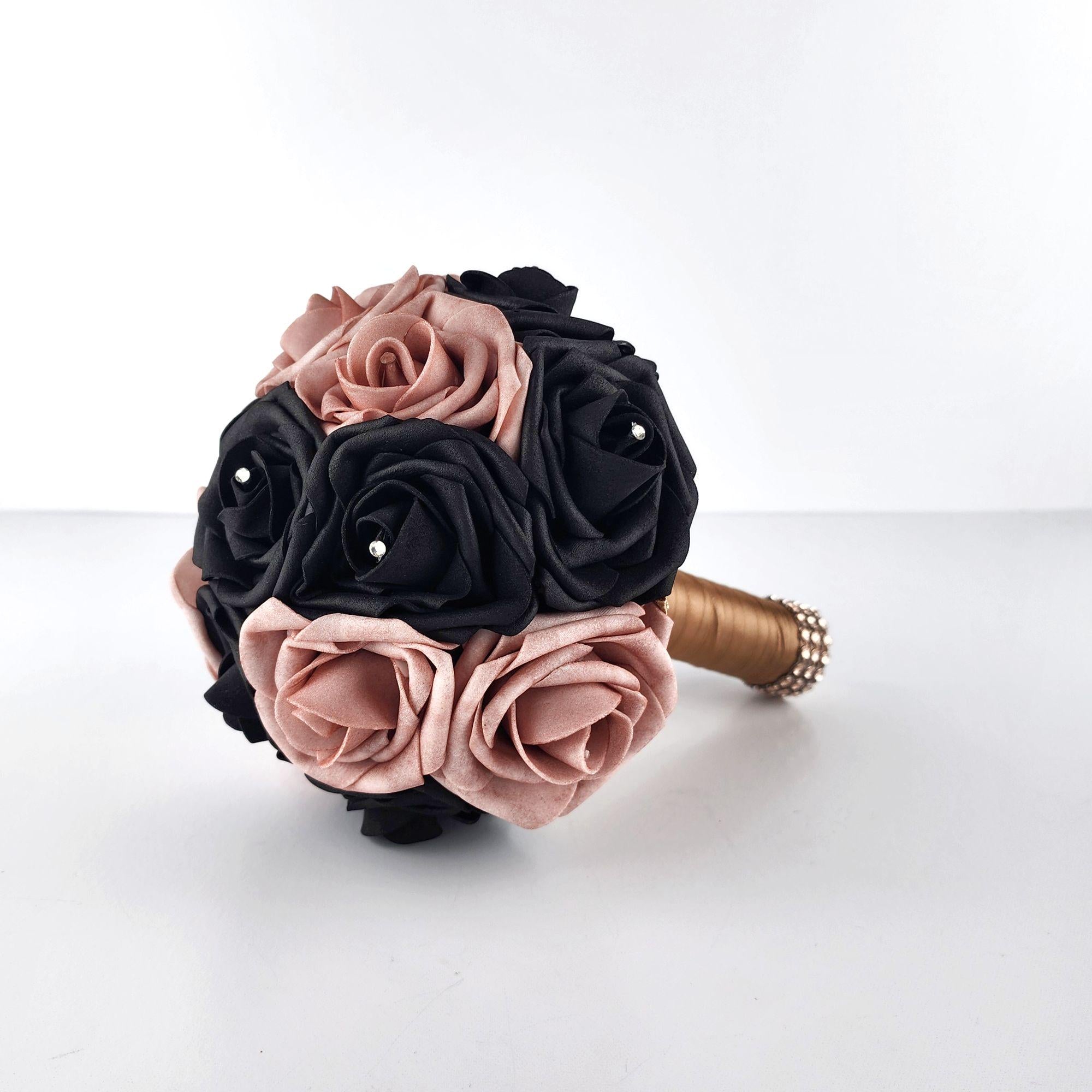 Romantic Dusty Rose and Black Wedding Bouquet with Champagne Ribbon-Custom Colors Available-Matching Boutonnieres & Corsages