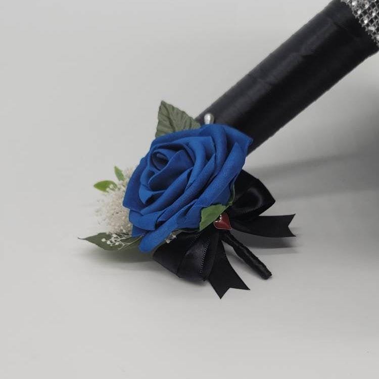 Vegas Themed Royal Blue and Black Boutonnieres and Corsages with Eucalyptus and Card Suites. Matching Bouquets, Destination Weddings