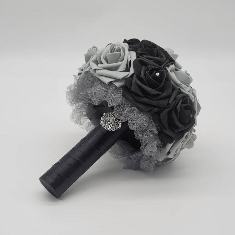 Black and gray bouquet with rhinestones on every rose/