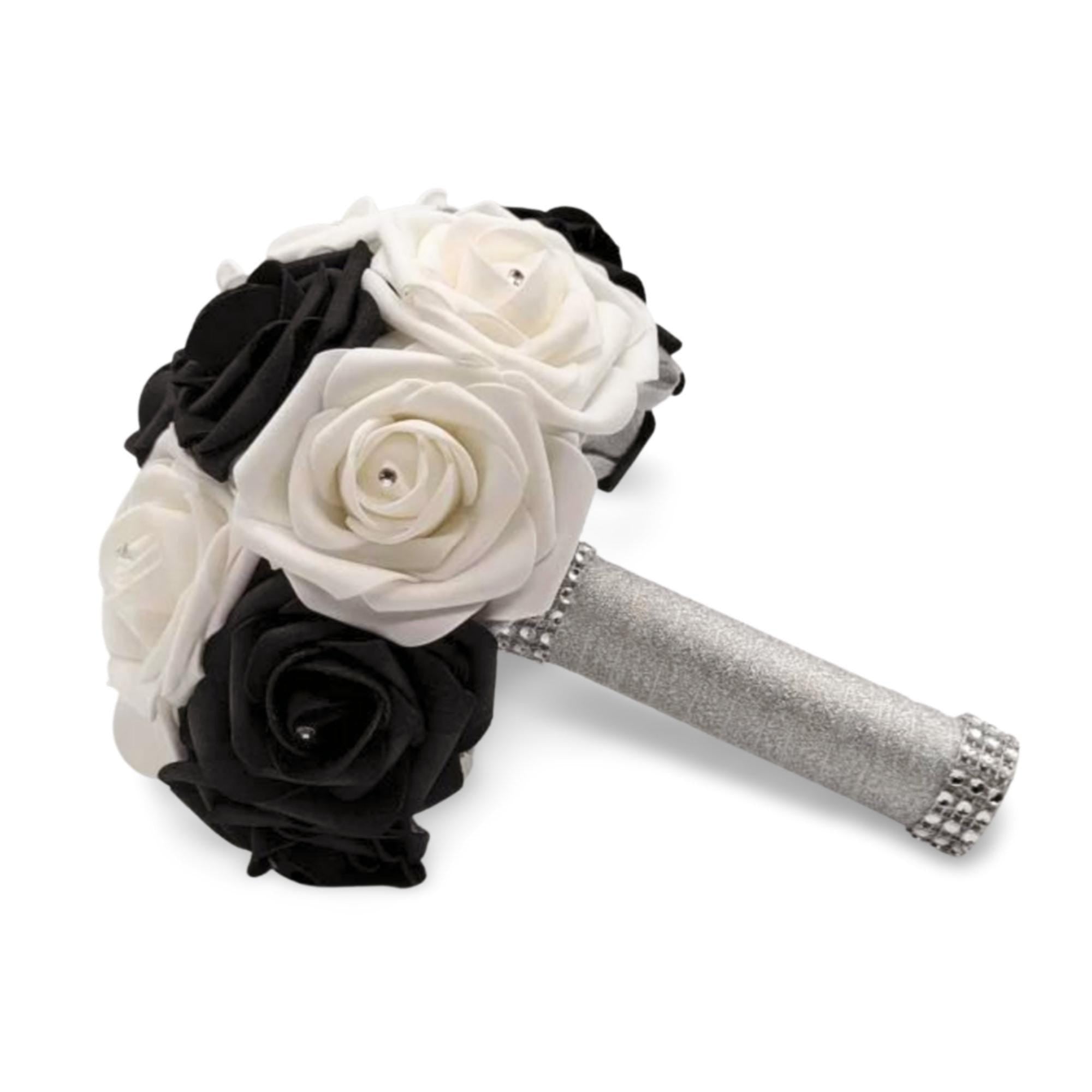black and white bouquet with silver ribbon