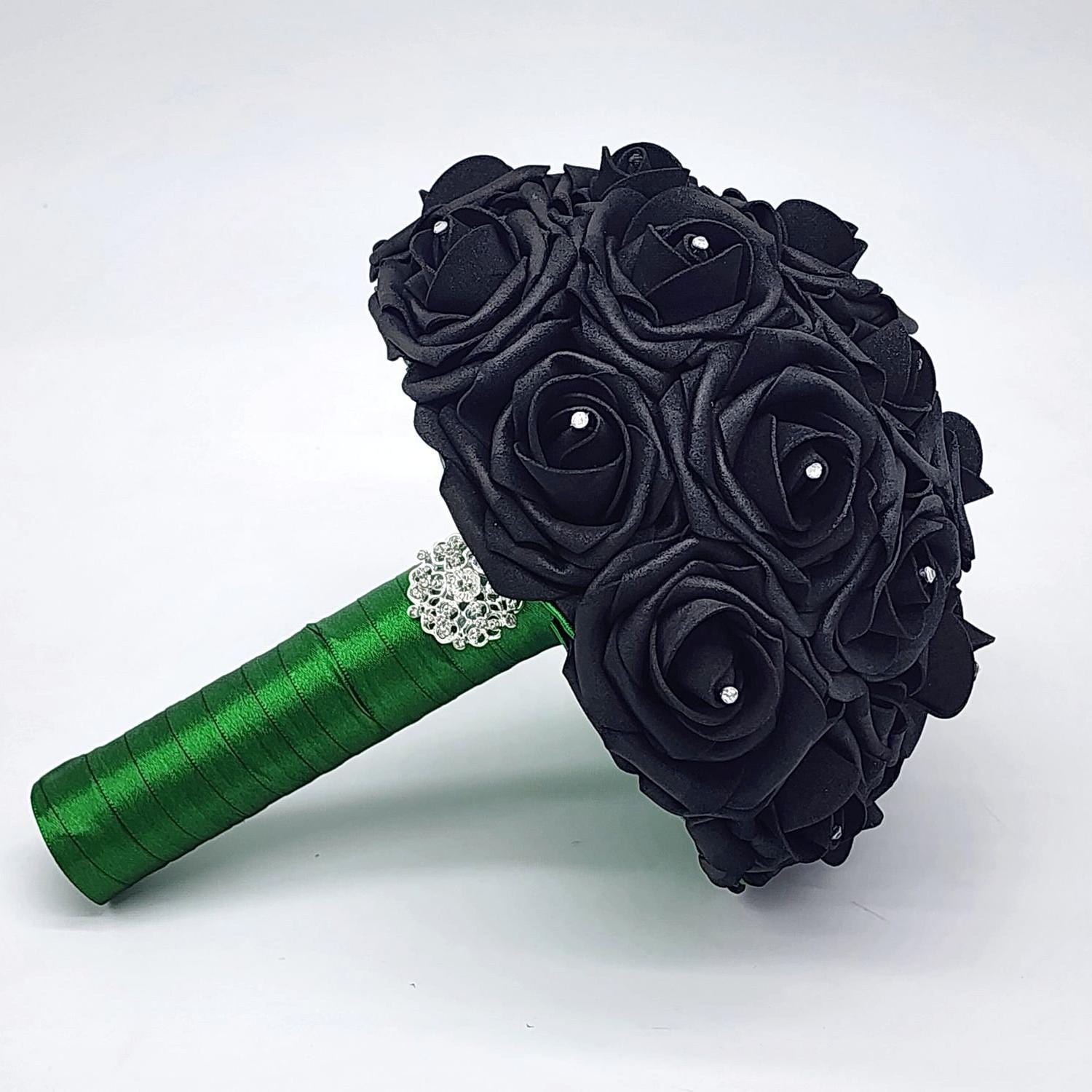 Black rose bouquet with emerald green ribbon
