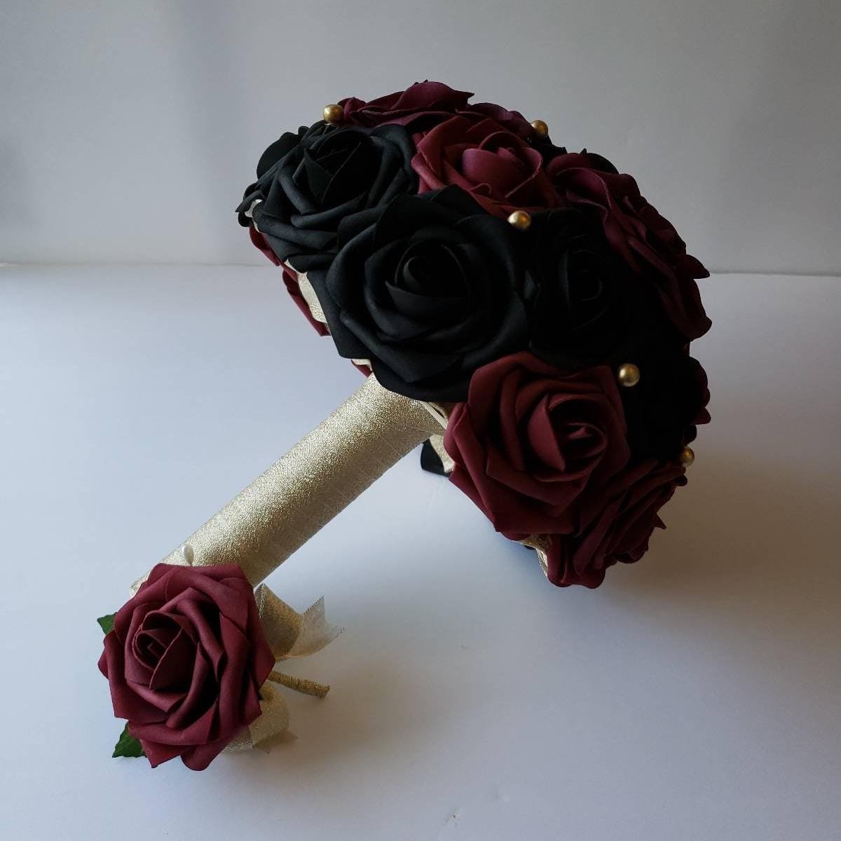 Burgundy and Black Wedding Bouquet Made With Real Touch Roses, Bridal Bouquet, Bridesmaid Bouquet and Matching Boutonnieres and Corsages