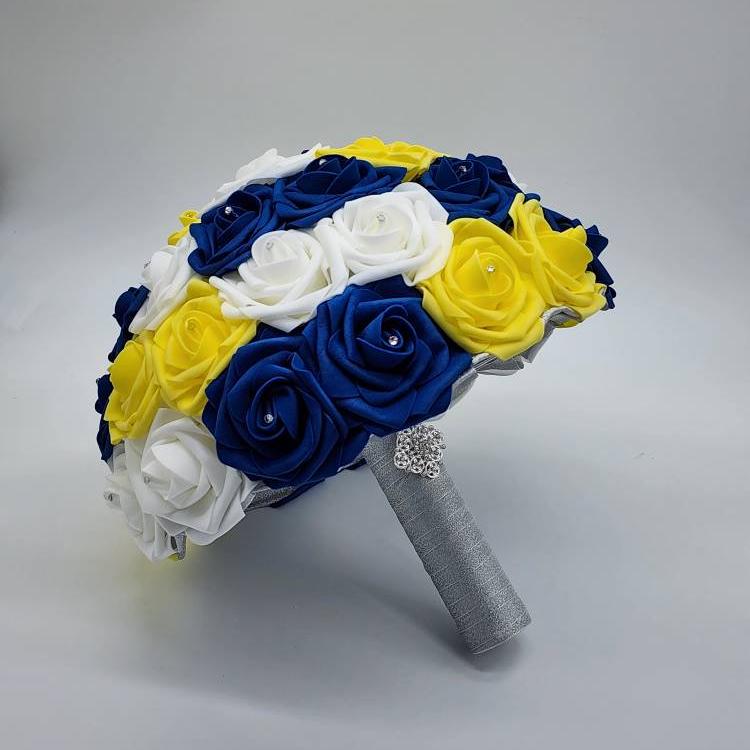 royal blue, yellow, and white wedding bouquet