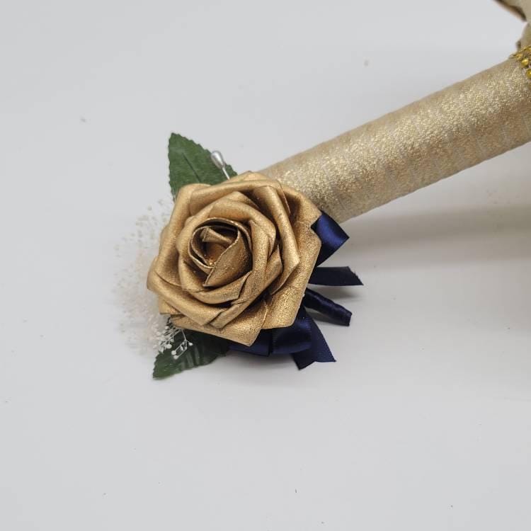 Gold and Navy Wedding Bouquet Made With Real Touch Roses, Bridal Bouquet, Bridesmaid Bouquet and Matching Boutonniere and Corsages Available