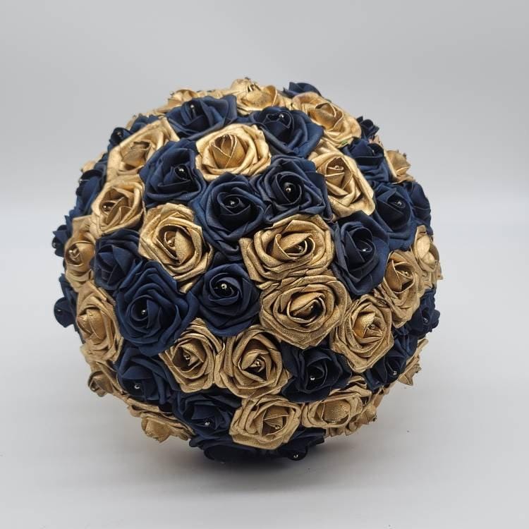 Gold and Navy Wedding Bouquet Made With Real Touch Roses, Bridal Bouquet, Bridesmaid Bouquet and Matching Boutonniere and Corsages Available