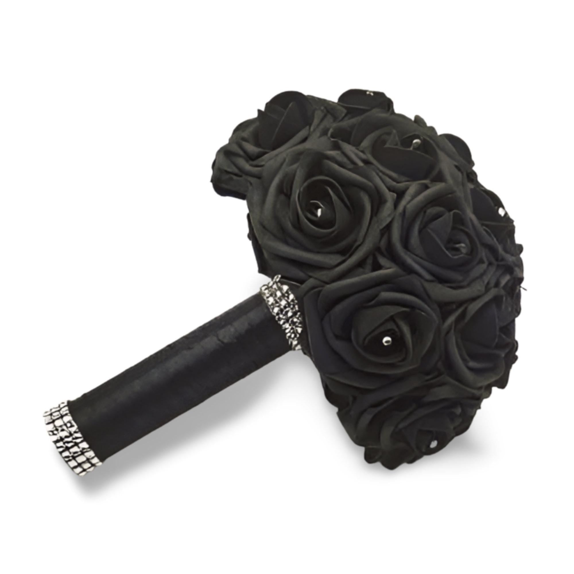 8 inch black bouquet made with Real touch Roses. Black satin ribbon. Handle has bling wrap and rhinestones on every rose.