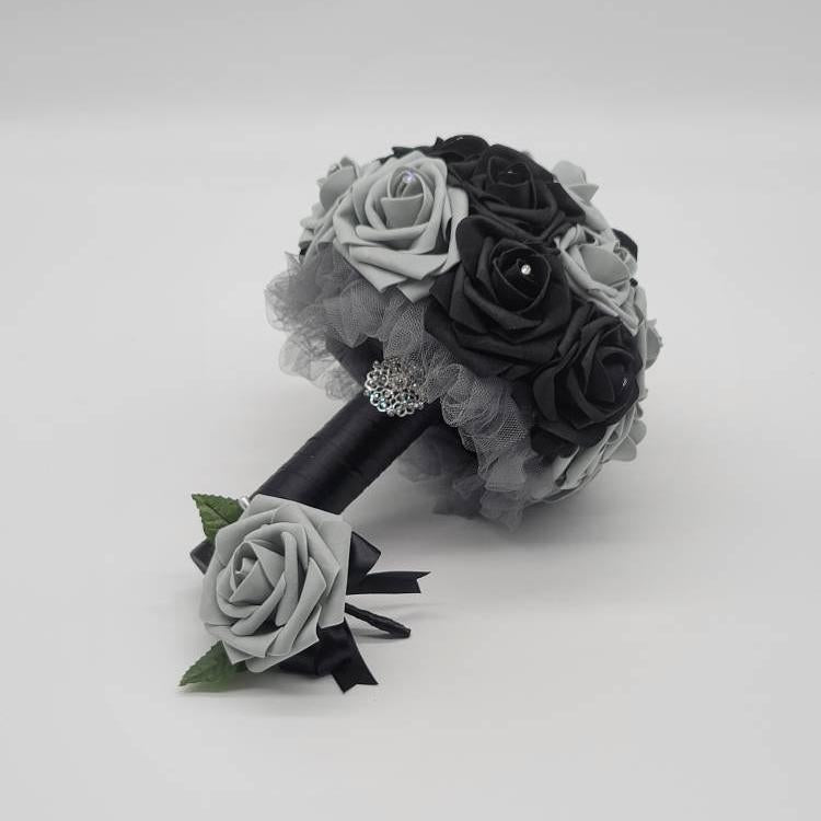 Black and gray bouquet with gray and black boutonniere