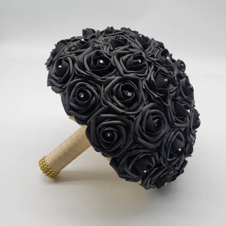 Black and Gold Wedding Bouquet Made with Real Touch Roses