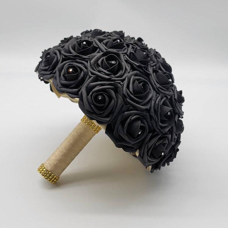 Black and Gold Wedding Bouquet Made with Real Touch Roses